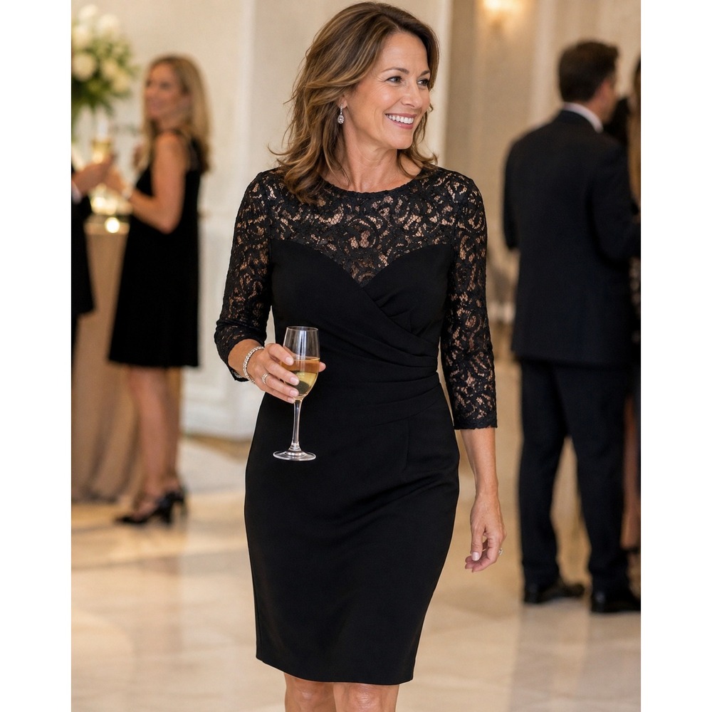 Teri Jon Sheath Dress Black Lace Upper Shirred Waist 3/4 Sleeve Sz 4 Cocktail